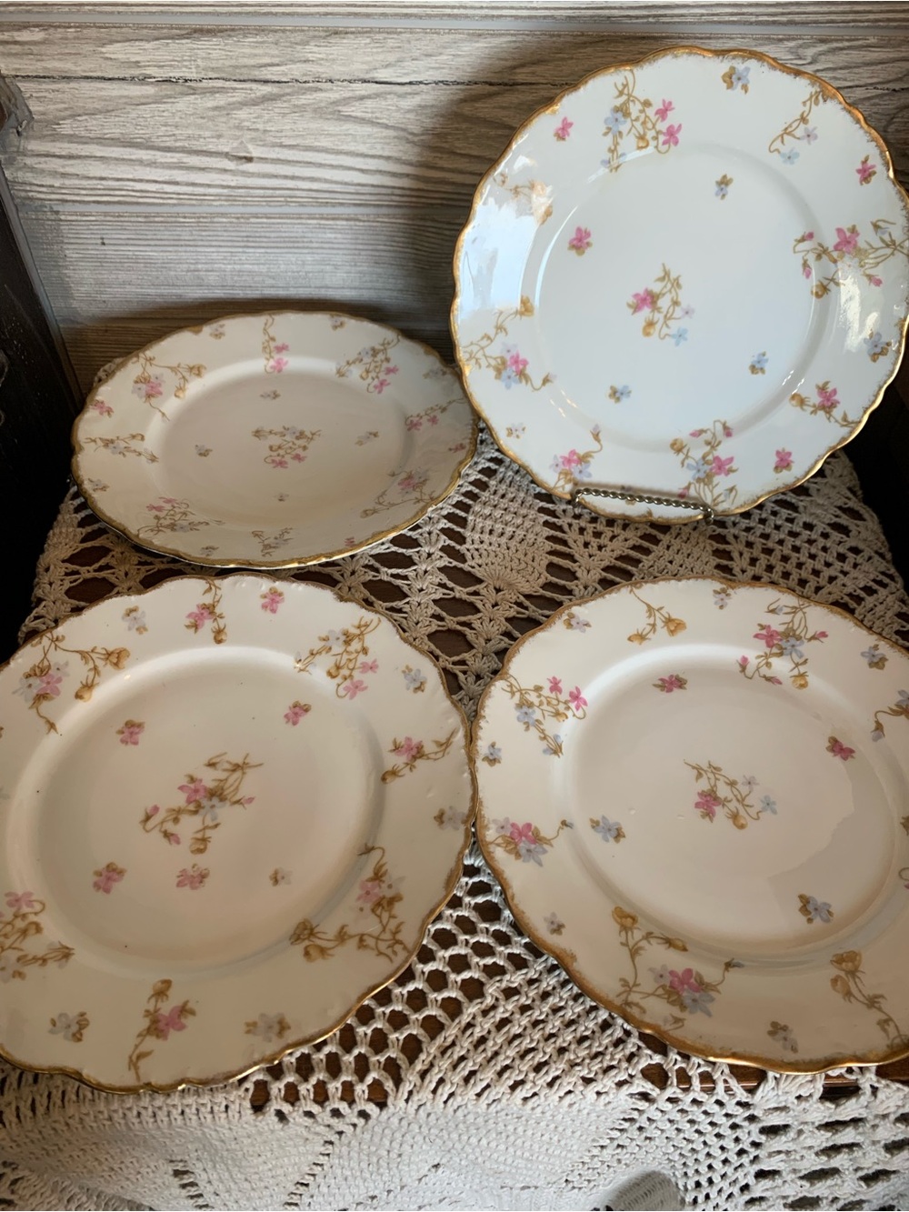 Limoges White Porcelain Dinner Plates with Pink Floral and Gold Trim